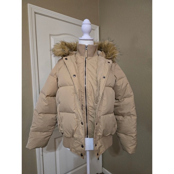 Convertible Puffer Jacket & Vest Faux Fur Hood Tan‎ Quilted Bomber Style Size M
